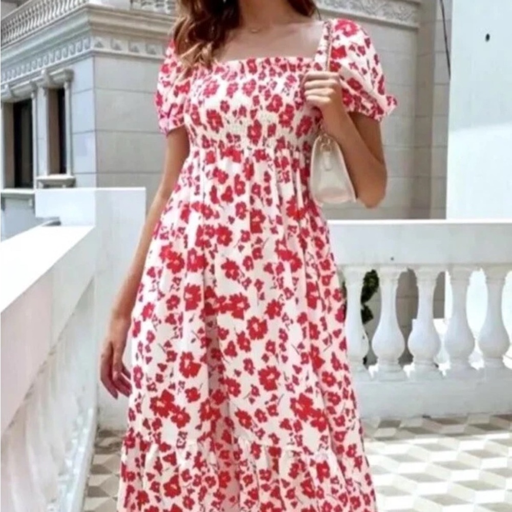 ZARA Red  Floral Smocked  Tier Puff  Sleeve Midi Dress Size S
